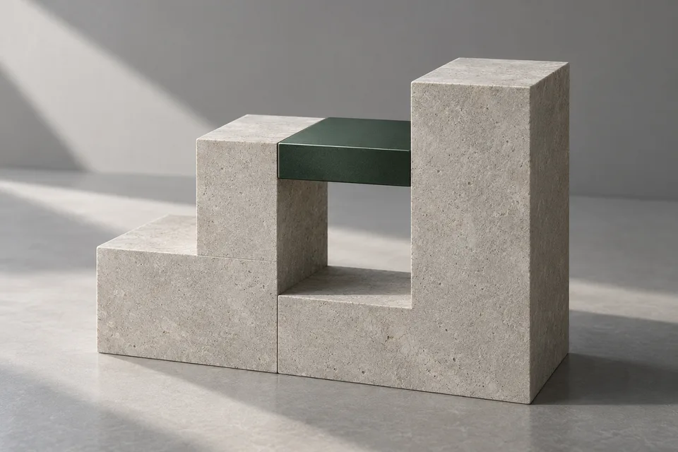 A precise arrangement of stone architectural forms in natural light.